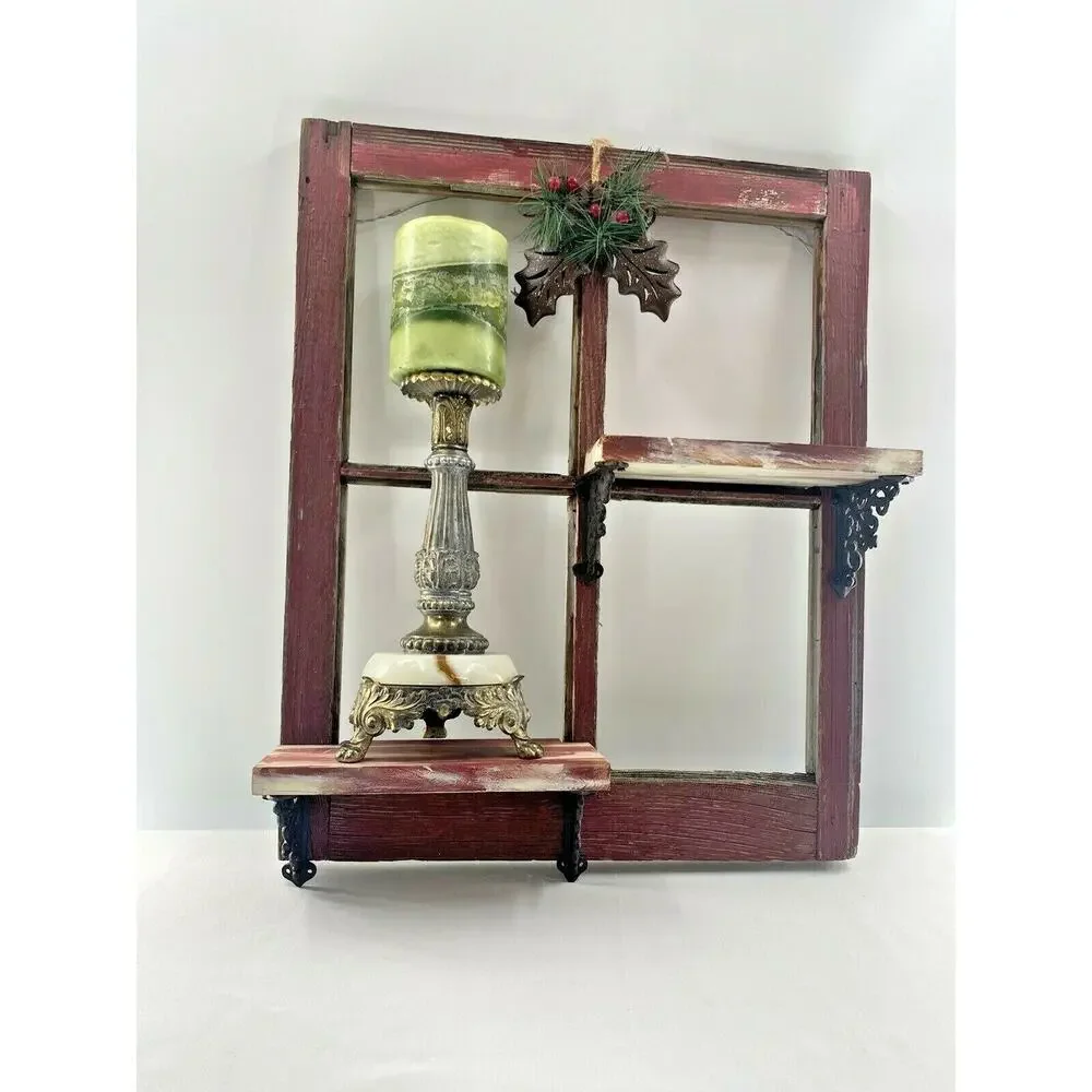 Vintage Red Barn Wood 4 Pane Window Wall Shelf Christmas Hollyberry Shadow Box